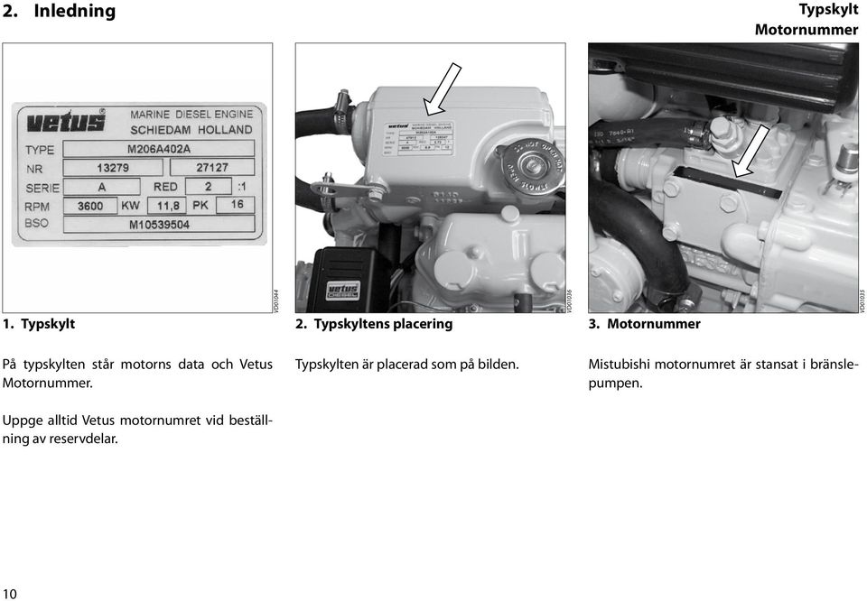 Motornummer VD01035 På typskylten står motorns data och Vetus Motornummer.