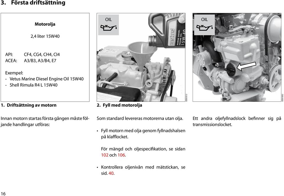 Fyll med motorolja VD01013 VD01002 Innan motorn startas första gången måste följande handlingar utföras: Som standard levereras motorerna utan olja.