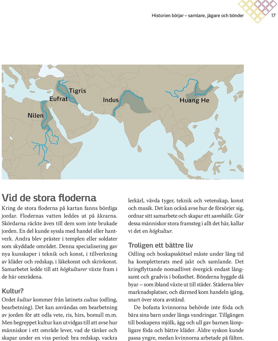 Denna specialisering gav nya kunskaper i teknik och konst, i tillverkning av kläder och redskap, i läkekonst och skrivkonst. Samarbetet ledde till att högkulturer växte fram i de här områdena. Kultur?