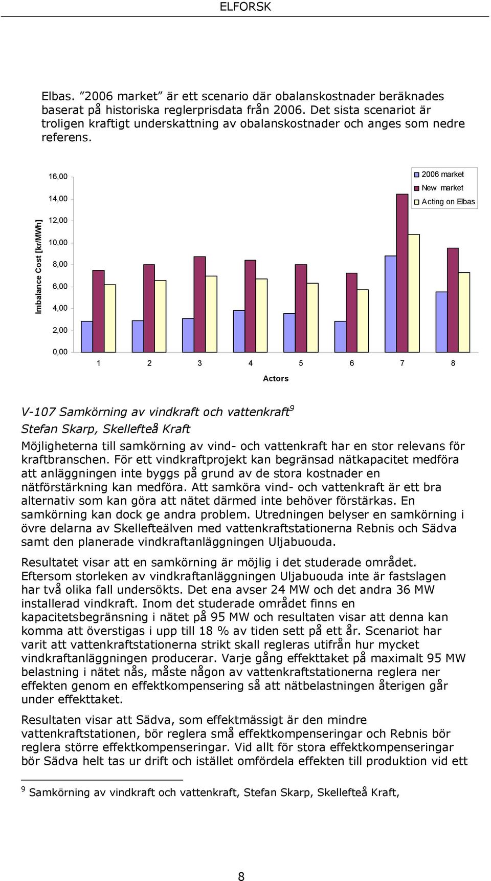 16,00 14,00 2006 market New market Acting on Elbas Imbalance Cost [kr/mwh] 12,00 10,00 8,00 6,00 4,00 2,00 0,00 1 2 3 4 5 6 7 8 Actors V-107 Samkörning av vindkraft och vattenkraft 9 Stefan Skarp,