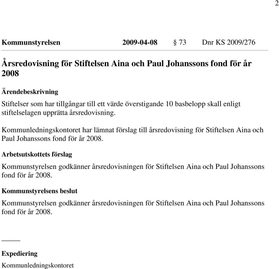 Kommunledningskontoret har lämnat förslag till årsredovisning för Stiftelsen Aina och Paul Johanssons fond för år 2008.