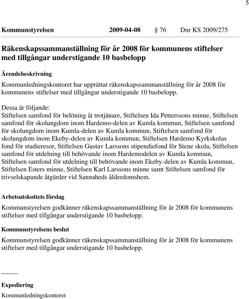 Dessa är följande: Stiftelsen samfond för belöning åt trotjänare, Stiftelsen Ida Petterssons minne, Stiftelsen samfond för skolungdom inom Hardemo-delen av Kumla kommun, Stiftelsen samfond för