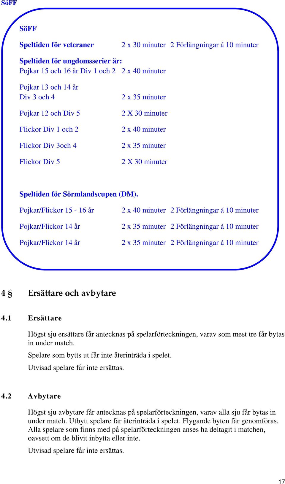 Pojkar/Flickor 15-16 år Pojkar/Flickor 14 år Pojkar/Flickor 14 år 2 x 40 minuter 2 Förlängningar á 10 minuter 2 x 35 minuter 2 Förlängningar á 10 minuter 2 x 35 minuter 2 Förlängningar á 10 minuter 4