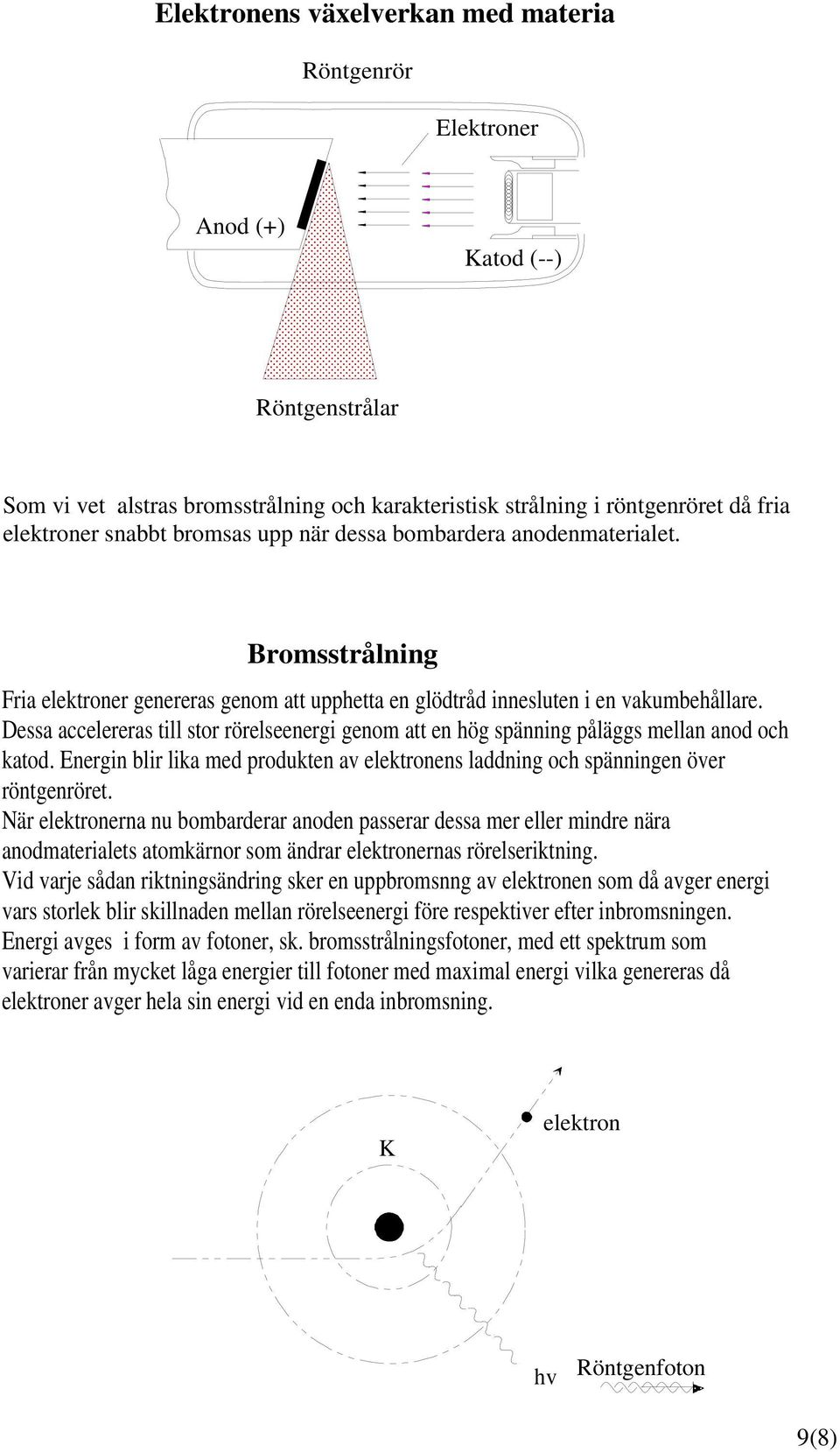 Dessa accelereras till stor rörelseenergi genom att en hög spänning påläggs mellan anod och katod. Energin blir lika med produkten av elektronens laddning och spänningen över röntgenröret.