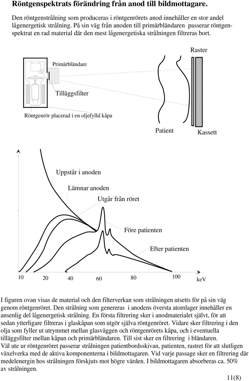 Primärbländare Raster Tilläggsfilter Röntgenrör placerad i en oljefylld kåpa Patient Kassett Uppstår i anoden Lämnar anoden Utgår från röret Före patienten Efter patienten 10 20 40 60 80 100 kev I