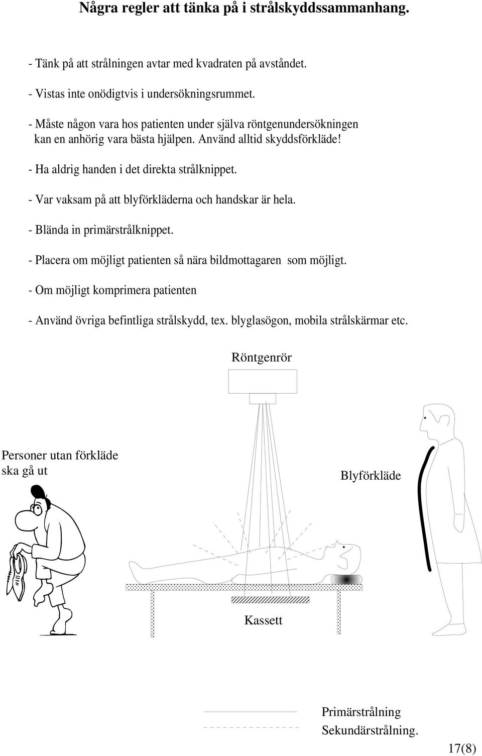 - Var vaksam på att blyförkläderna och handskar är hela. - Blända in primärstrålknippet. - Placera om möjligt patienten så nära bildmottagaren som möjligt.