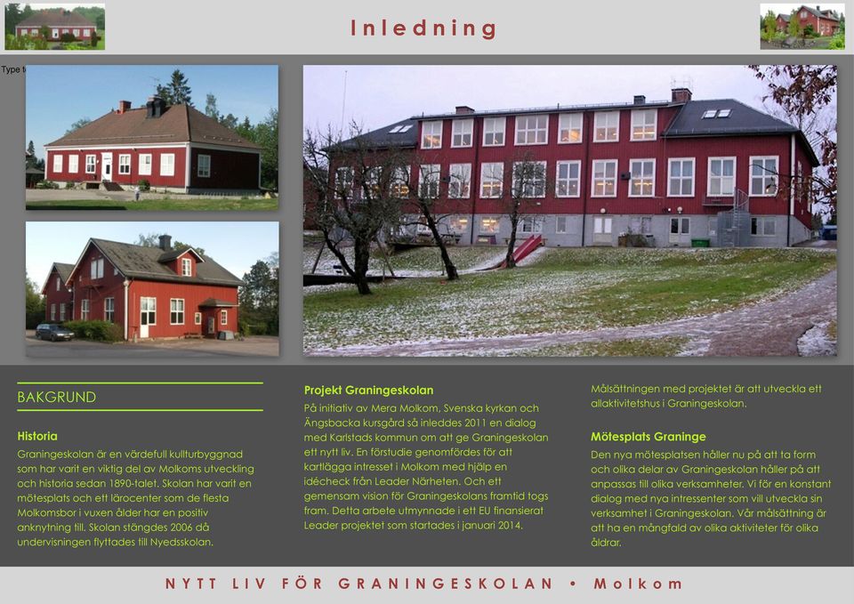 Projekt Graningeskolan På initiativ av Mera Molkom, Svenska kyrkan och Ängsbacka kursgård så inleddes 2011 en dialog med Karlstads kommun om att ge Graningeskolan ett nytt liv.