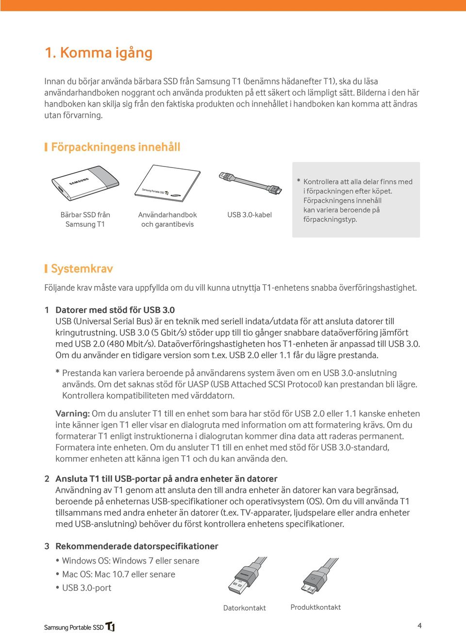 Förpackningens innehåll Bärbar SSD från Samsung T1 Användarhandbok och garantibevis USB 3.0-kabel * Kontrollera att alla delar finns med i förpackningen efter köpet.