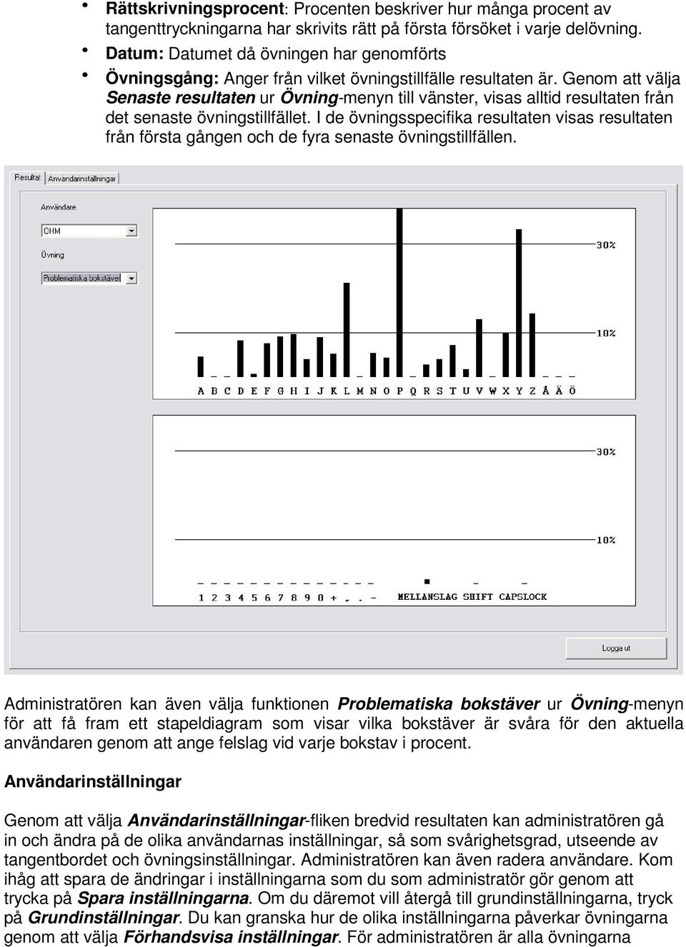 Genom att välja Senaste resultaten ur Övning-menyn till vänster, visas alltid resultaten från det senaste övningstillfället.