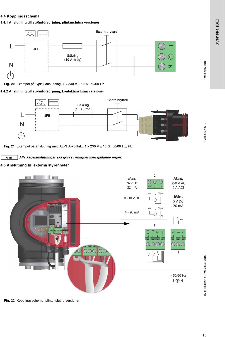 21 Exempel på anslutning med ALPHA-kontakt, 1 x 230 V ± 10 %, 50/60 Hz, PE Alla kabelanslutningar ska göras i enlighet med gällande regler. 4.5 Anslutning till externa styrenheter Max.
