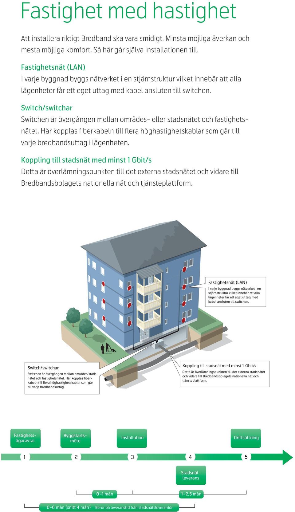 Switch/switchar Switchen är övergången mellan områdes- eller stadsnätet och fastighetsnätet. Här kopplas fiberkabeln till flera höghastighetskablar som går till varje bredbandsuttag i lägenheten.