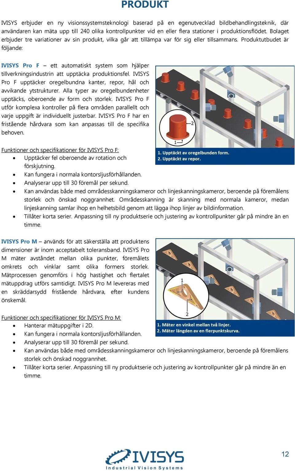 Produktutbudet är följande: IVISYS Pro F ett automatiskt system som hjälper tillverkningsindustrin att upptäcka produktionsfel.