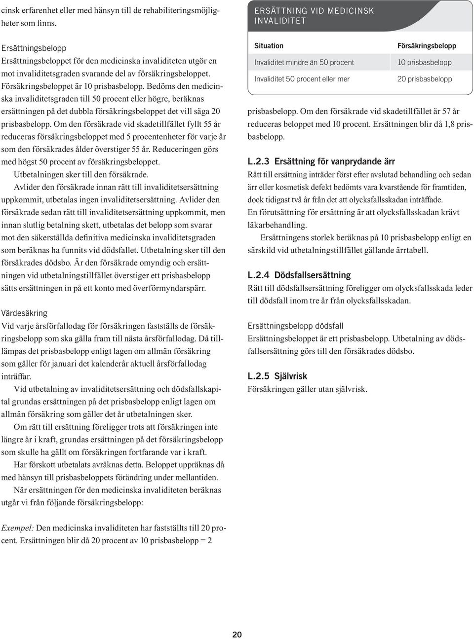 Försäkringsbeloppet är 10 prisbasbelopp. Bedöms den medicinska invaliditetsgraden till 50 procent eller högre, beräknas ersättningen på det dubbla försäkringsbeloppet det vill säga 20 prisbasbelopp.