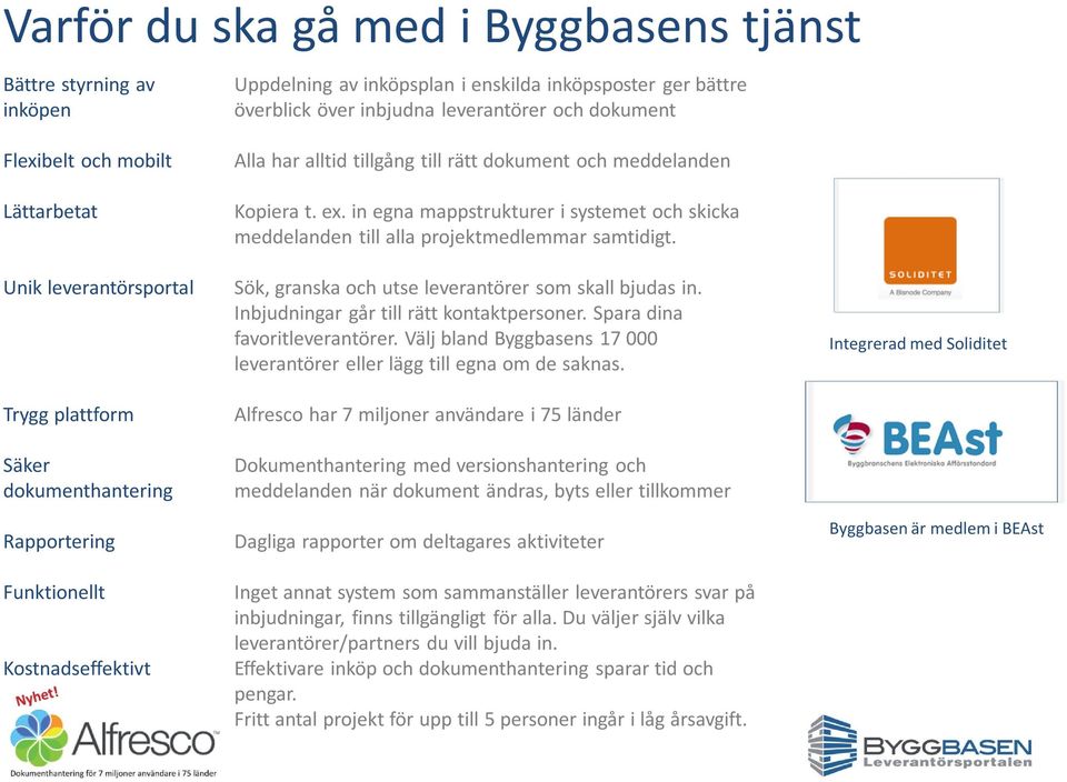 in egna mappstrukturer i systemet och skicka meddelanden till alla projektmedlemmar samtidigt. Sök, granska och utse leverantörer som skall bjudas in. Inbjudningar går till rätt kontaktpersoner.