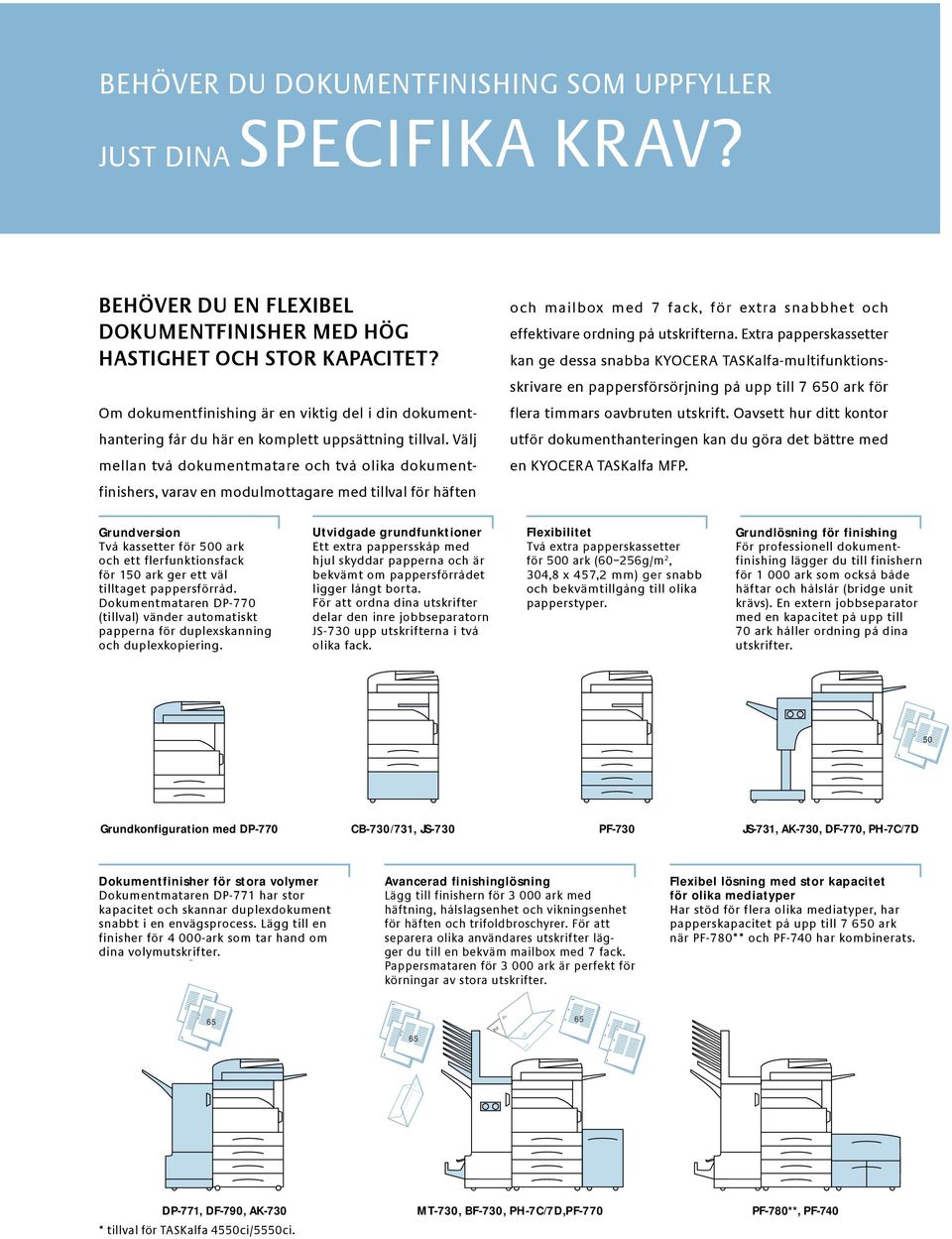 Välj mellan två dokumentmatare och två olika dokument- finishers, varav en modulmottagare med tillval för häften och mailbox med 7 fack, för extra snabbhet och effektivare ordning på utskrifterna.