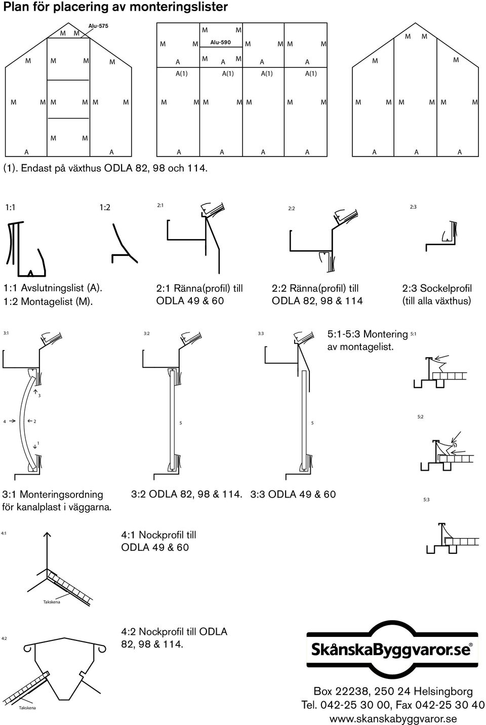 2:1 Ränna(profil) till ODL 49 & 60 2:2 Ränna(profil) till ODL 82, 98 & 114 2:3 Sockelprofil (till alla växthus) 3:1 3:1 3:2 3:1 3:2 3:3 3:2 3:3 3:3 5:1-5:3 ontering av montagelist.