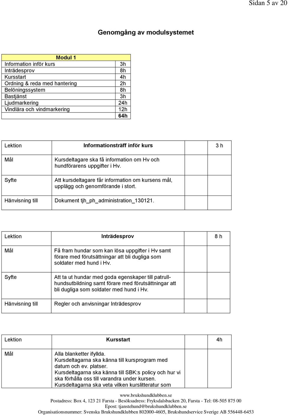 Att kursdeltagare får information om kursens mål, upplägg och genomförande i stort. Dokument tjh_ph_administration_130121.