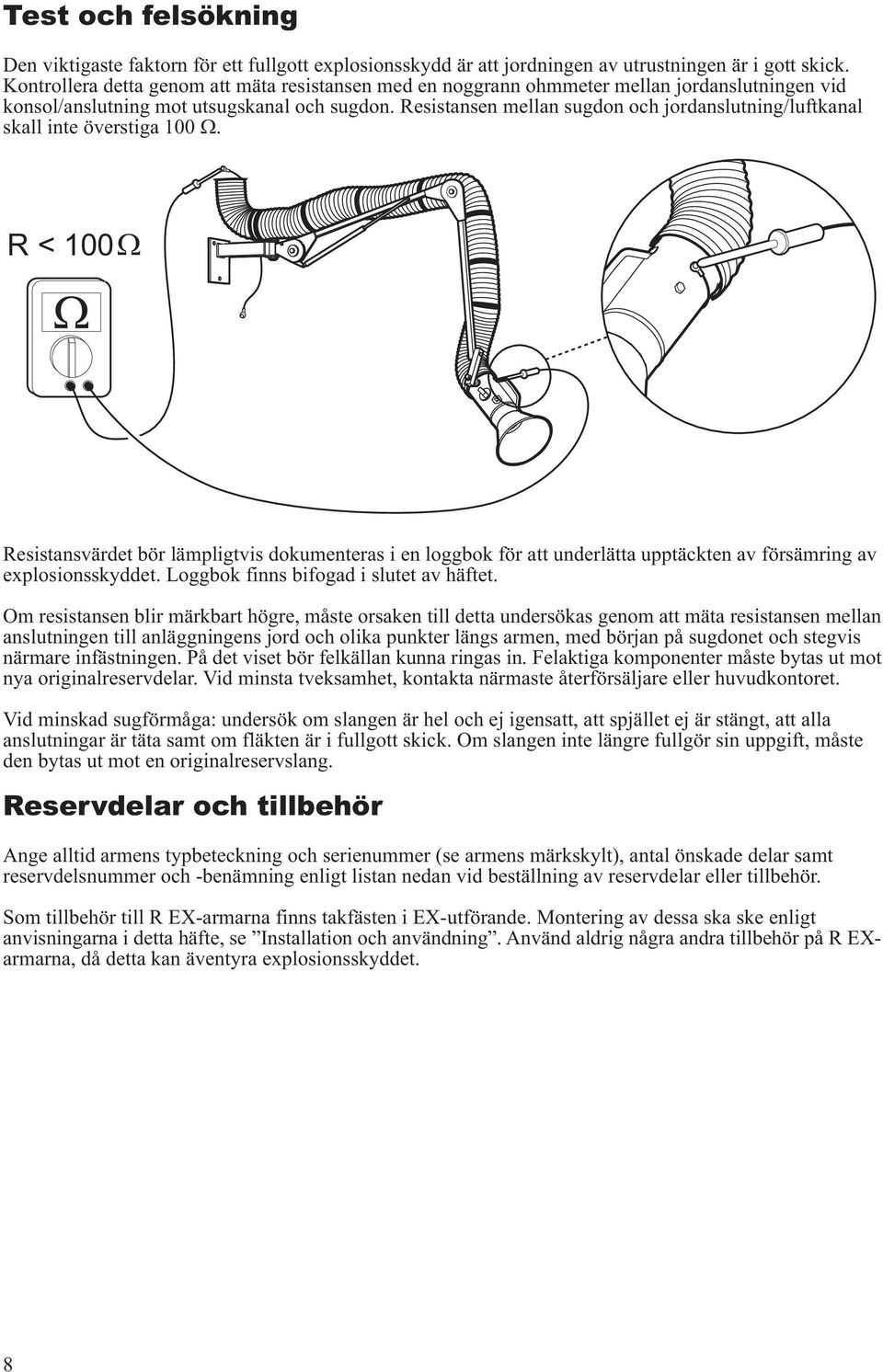 Resistansen mellan sugdon och jordanslutning/luftkanal skall inte överstiga 100 W.