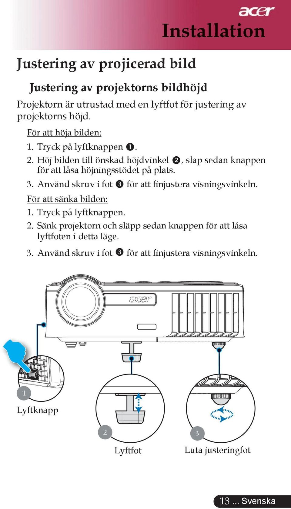 3. Använd skruv i fot för att finjustera visningsvinkeln. För att sänka bilden: 1. Tryck på lyftknappen. 2.