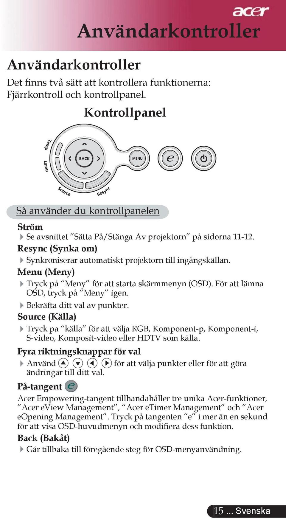 Menu (Meny) Tryck på Meny för att starta skärmmenyn (OSD). För att lämna OSD, tryck på Meny igen. Bekräfta ditt val av punkter.