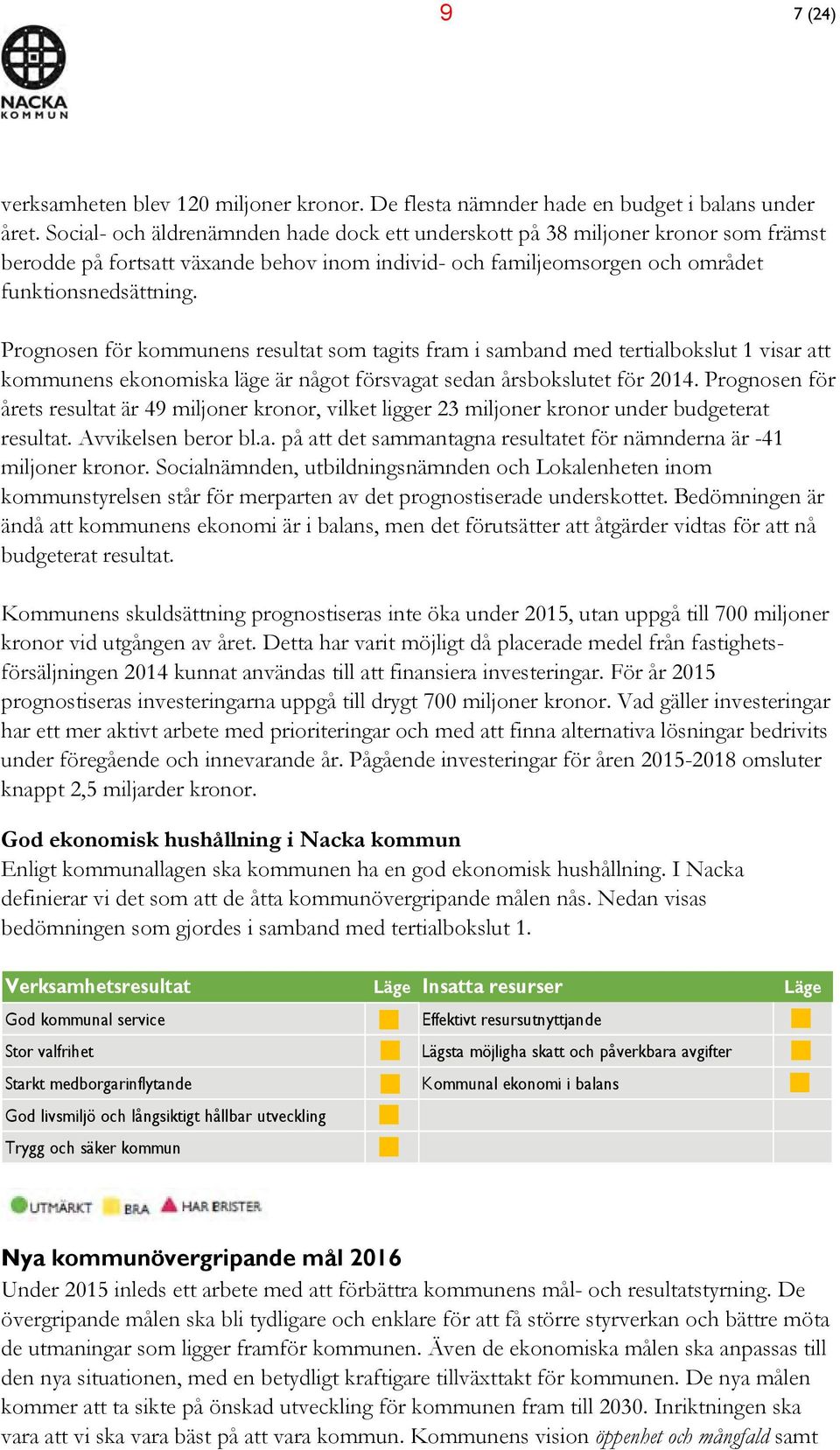 Prognosen för kommunens resultat som tagits fram i samband med tertialbokslut 1 visar att kommunens ekonomiska läge är något försvagat sedan årsbokslutet för 2014.