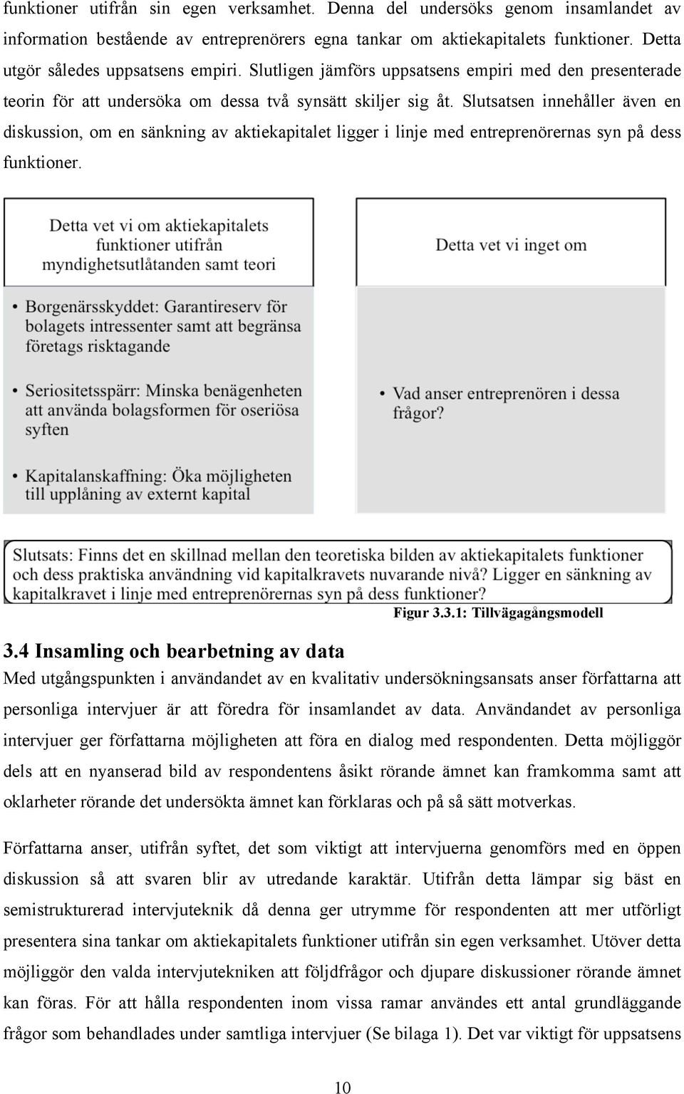 Slutsatsen innehåller även en diskussion, om en sänkning av aktiekapitalet ligger i linje med entreprenörernas syn på dess funktioner. Figur 3.3.1: Tillvägagångsmodell 3.