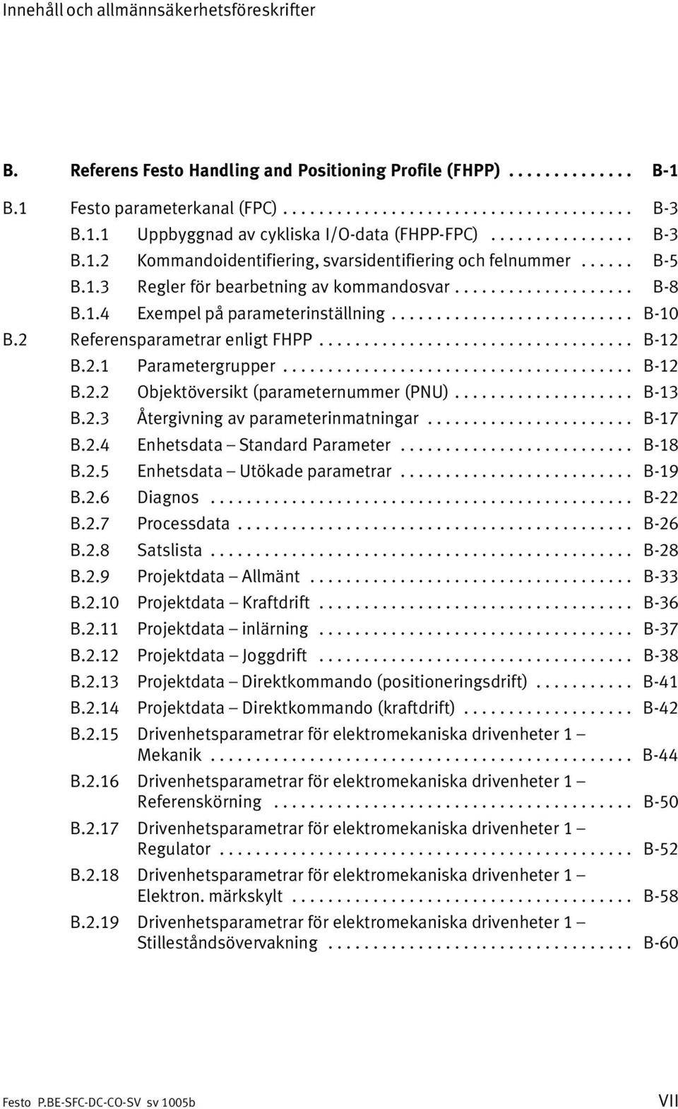 .......................... B 10 B.2 Referensparametrar enligt FHPP................................... B 12 B.2.1 Parametergrupper....................................... B 12 B.2.2 Objektöversikt (parameternummer (PNU).