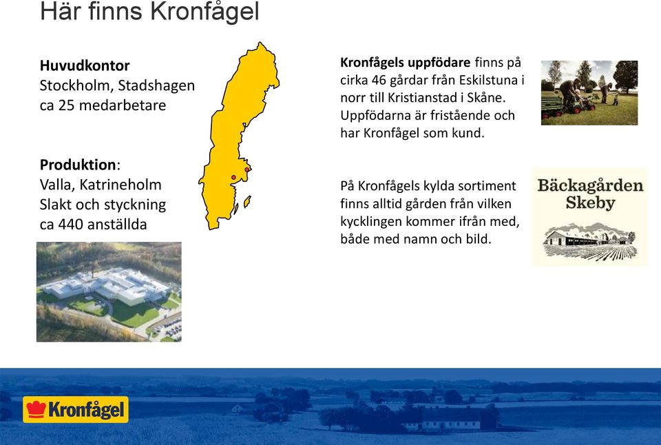 Eskilstuna i norr till Kristianstad i Skåne. Uppfödarna är fristående och har Kronfågel som kund.