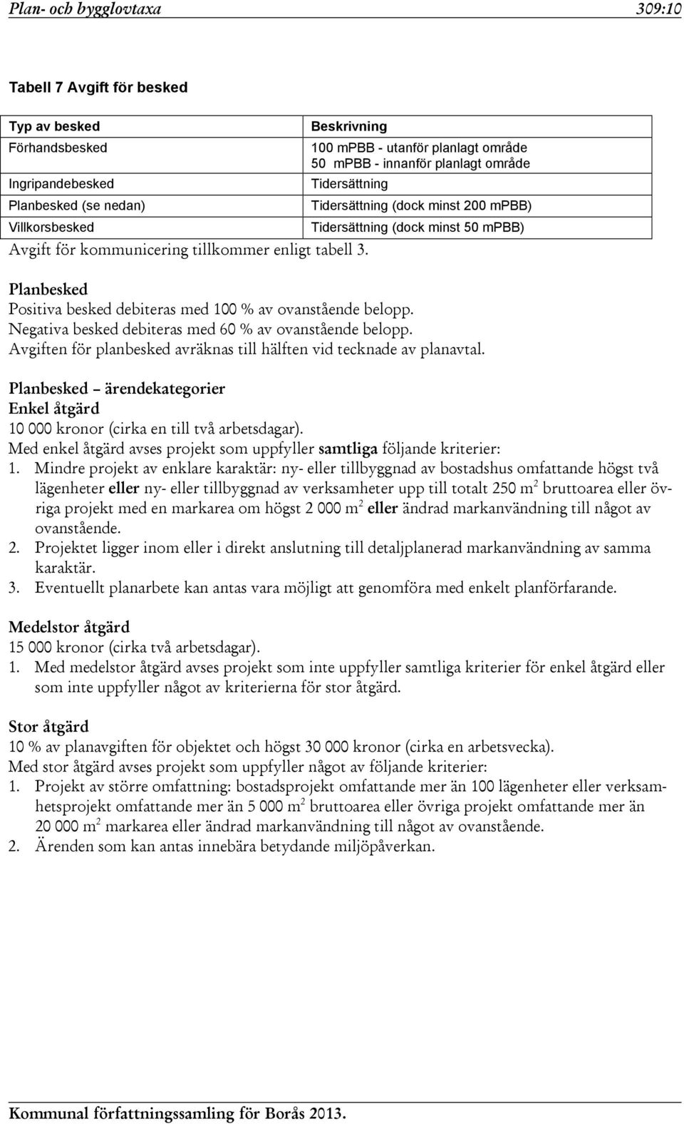 Planbesked Positiva besked debiteras med 100 % av ovanstående belopp. Negativa besked debiteras med 60 % av ovanstående belopp. Avgiften för planbesked avräknas till hälften vid tecknade av planavtal.