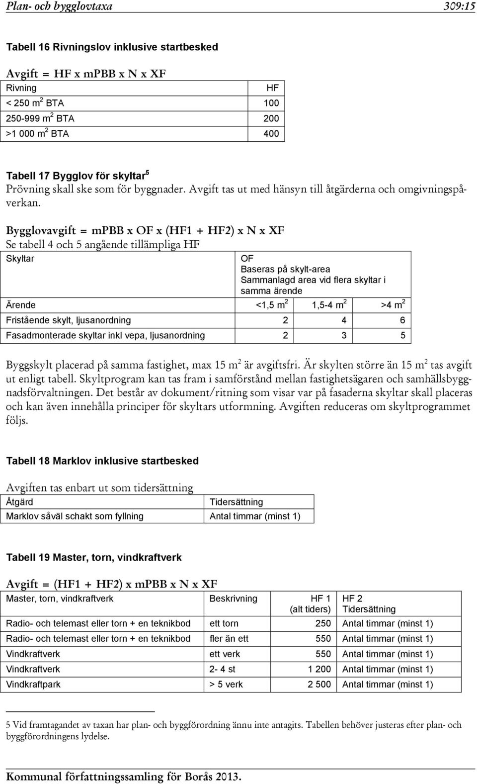 Bygglovavgift = mpbb x OF x (HF1 + HF2) x N x XF Se tabell 4 och 5 angående tillämpliga HF Skyltar OF Baseras på skylt-area Sammanlagd area vid flera skyltar i samma ärende Ärende <1,5 m 2 1,5-4 m 2