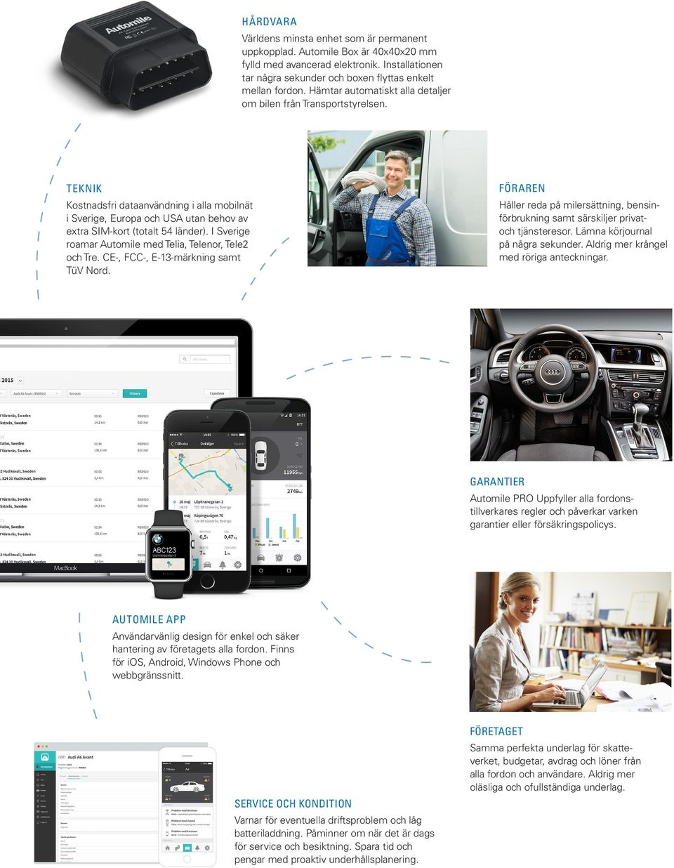 I Sverige roamar Automile med Telia, Telenor, Tele2 och Tre. CE-, FCC-, E-13-märkning samt TüV Nord. FÖRAREN Håller reda på milersättning, bensinförbrukning samt särskiljer privatoch tjänsteresor.