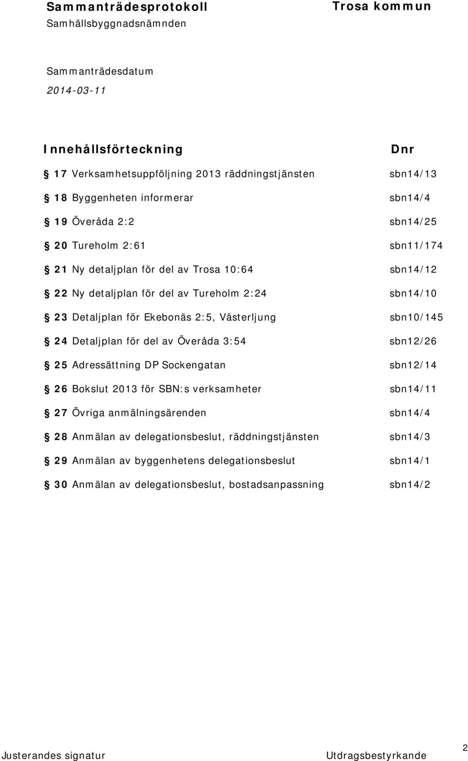 Detaljplan för del av Överåda 3:54 sbn12/26 25 Adressättning DP Sockengatan sbn12/14 26 Bokslut 2013 för SBN:s verksamheter sbn14/11 27 Övriga anmälningsärenden
