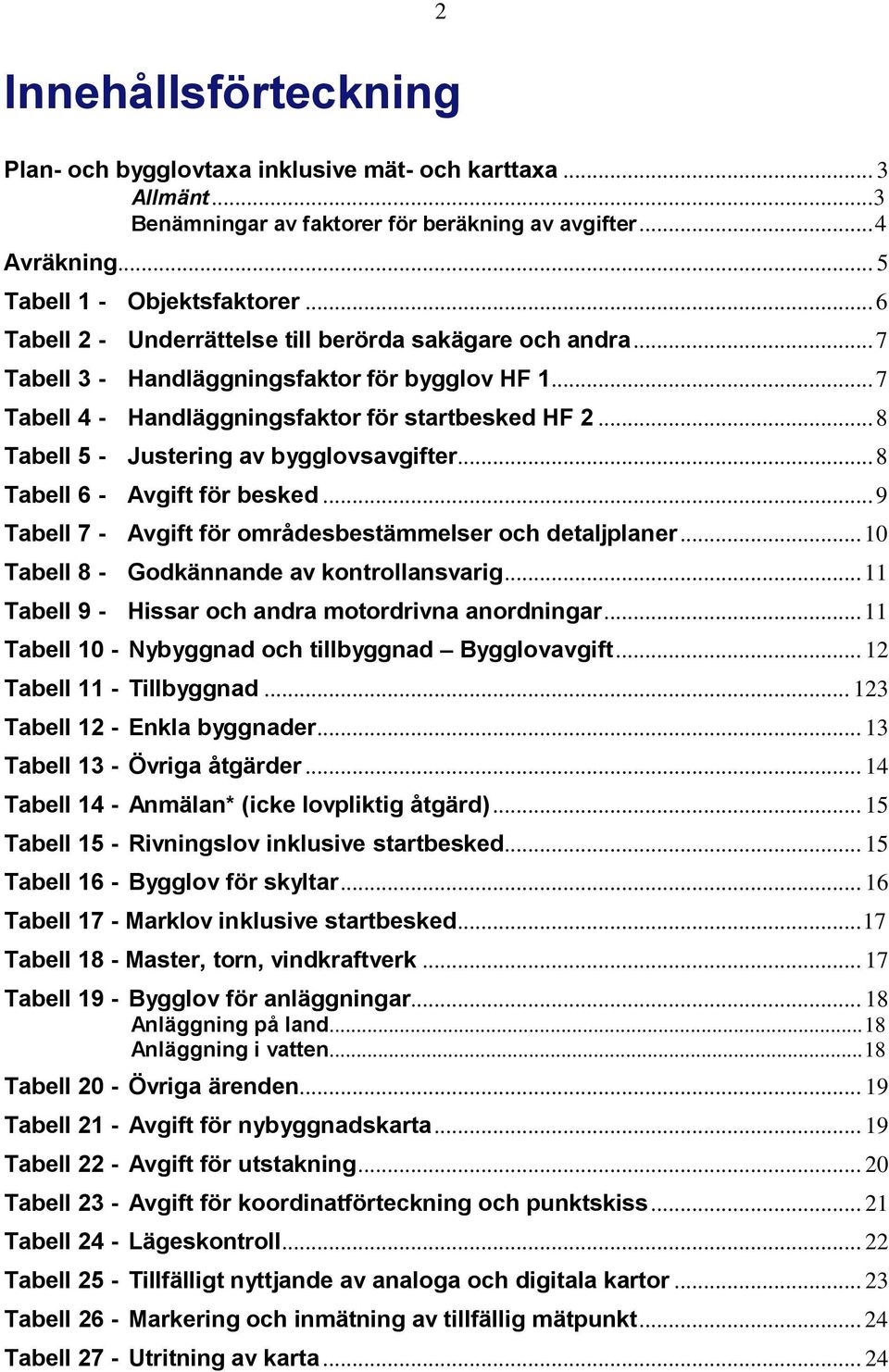 .. 8 Tabell 5 - Justering av bygglovsavgifter... 8 Tabell 6 - Avgift för besked... 9 Tabell 7 - Avgift för områdesbestämmelser och detaljplaner... 10 Tabell 8 - Godkännande av kontrollansvarig.
