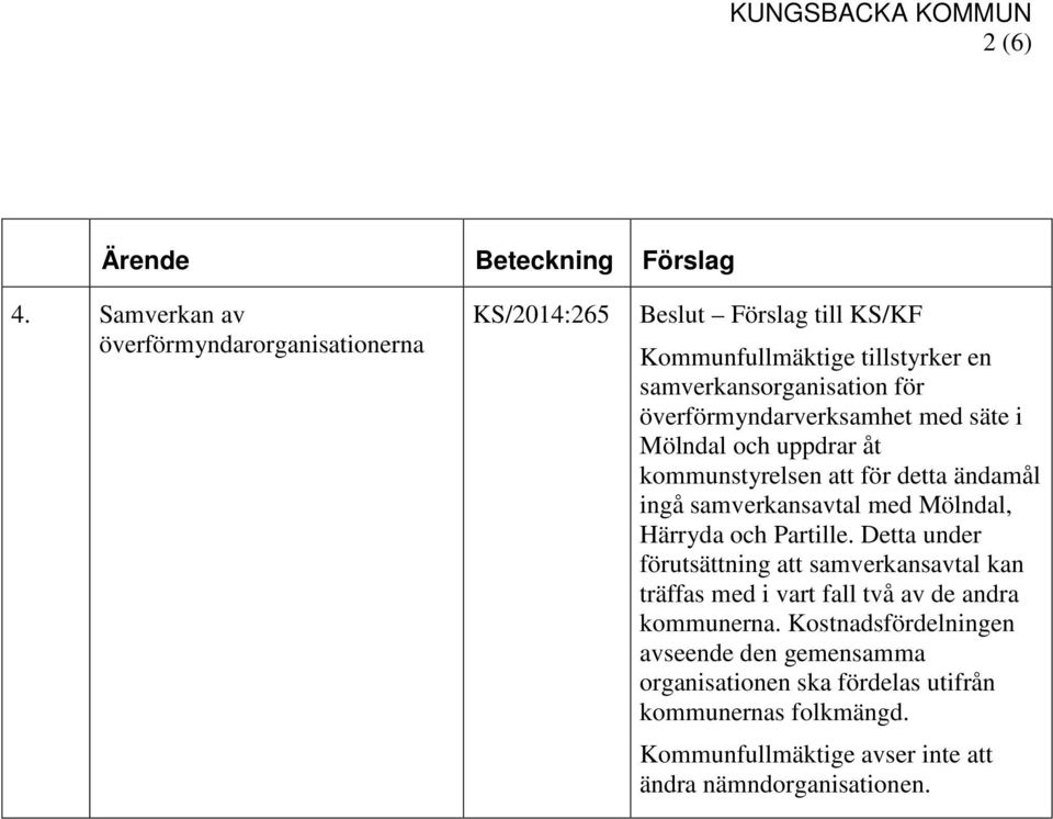 överförmyndarverksamhet med säte i Mölndal och uppdrar åt kommunstyrelsen att för detta ändamål ingå samverkansavtal med Mölndal, Härryda och Partille.