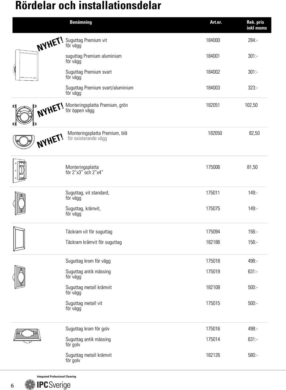 standard, 175011 149:- Suguttag, krämvit, 175075 149:- Täckram vit för suguttag 175094 156:- Täckram krämvit för suguttag 182186 156:- Suguttag krom 175018 498:- Suguttag antik mässing 175019