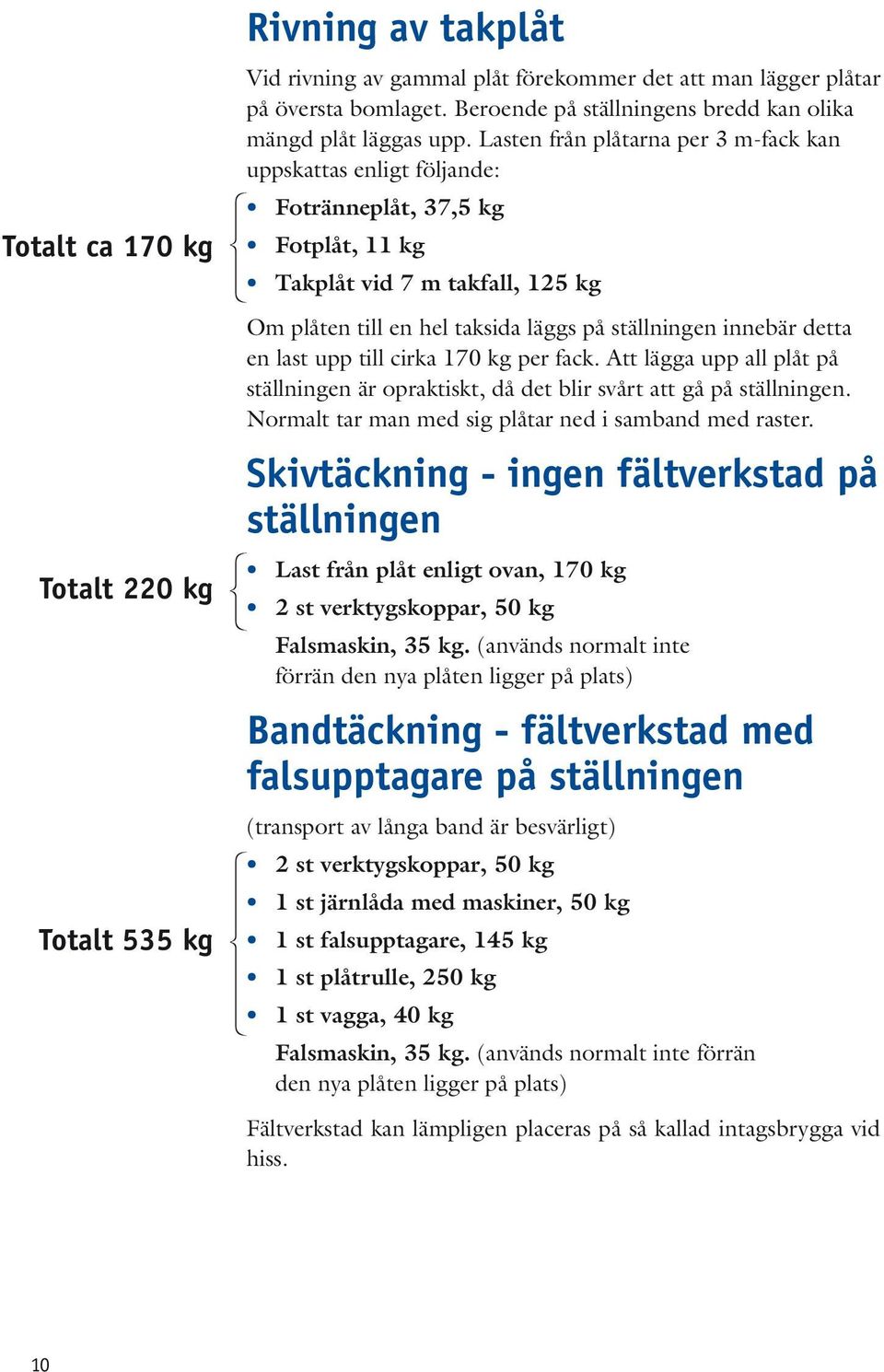 Lasten från plåtarna per 3 m-fack kan uppskattas enligt följande: Fotränneplåt, 37,5 kg Fotplåt, 11 kg Takplåt vid 7 m takfall, 125 kg Om plåten till en hel taksida läggs på ställningen innebär detta