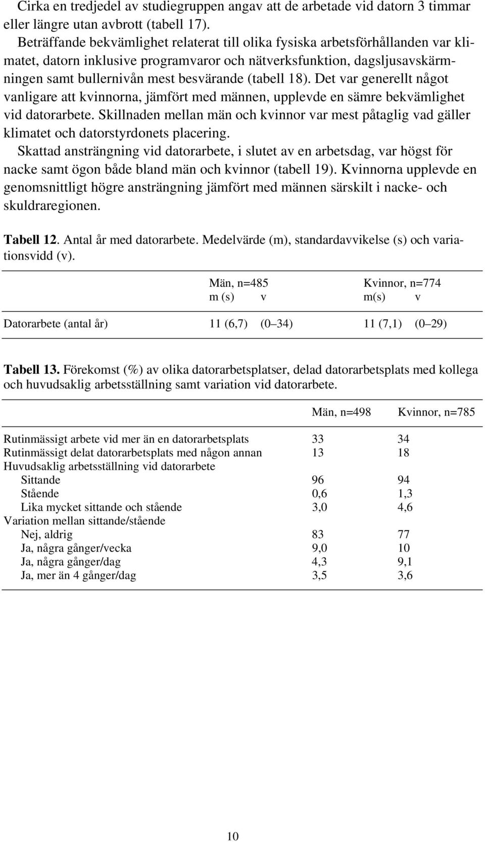 (tabell 8). Det var generellt något vanligare att kvinnorna, jämfört med männen, upplevde en sämre bekvämlighet vid datorarbete.