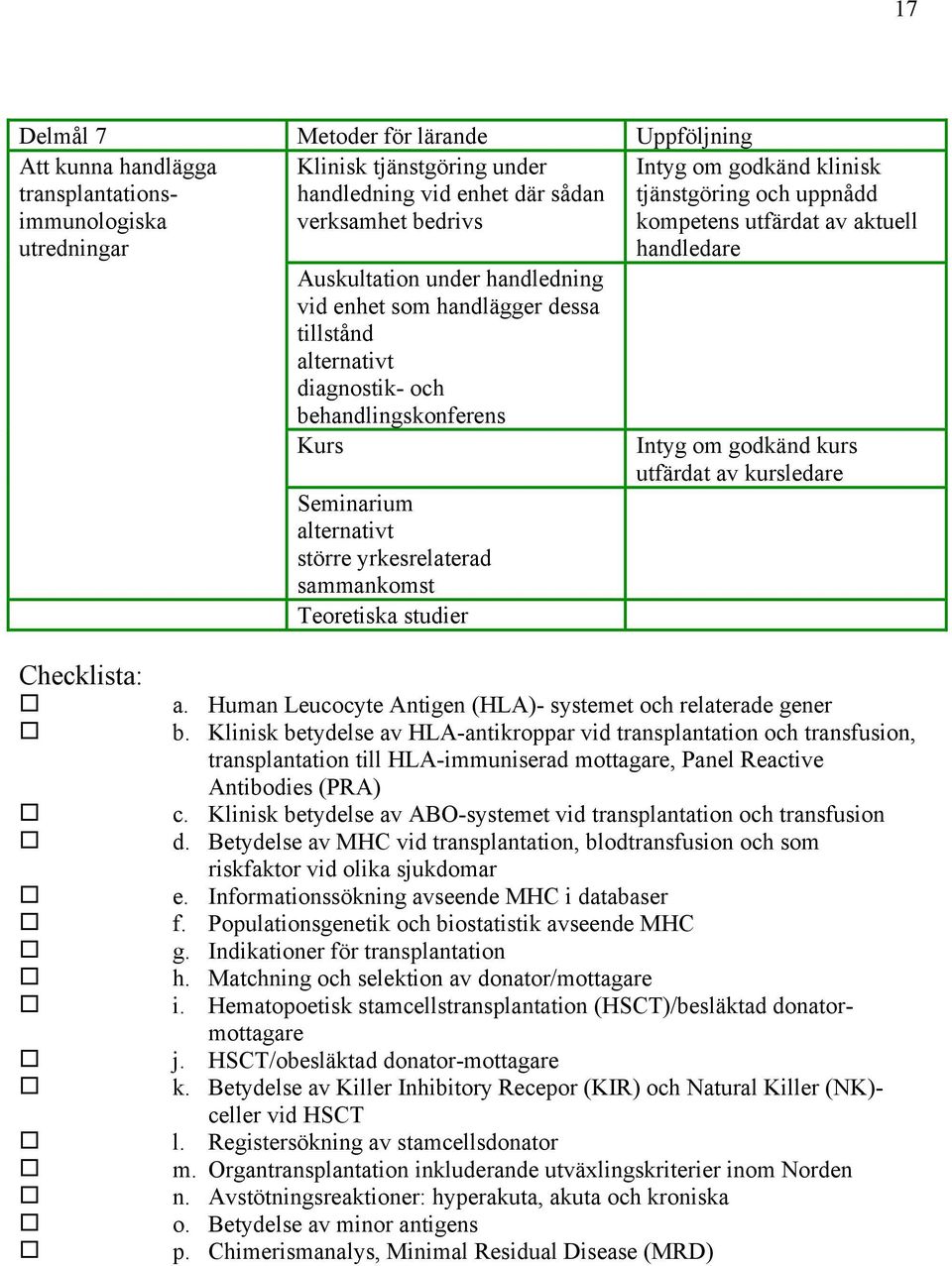 tjänstgöring och uppnådd kompetens utfärdat av aktuell Intyg om godkänd kurs utfärdat av kursledare Checklista: a. Human Leucocyte Antigen (HLA)- systemet och relaterade gener b.