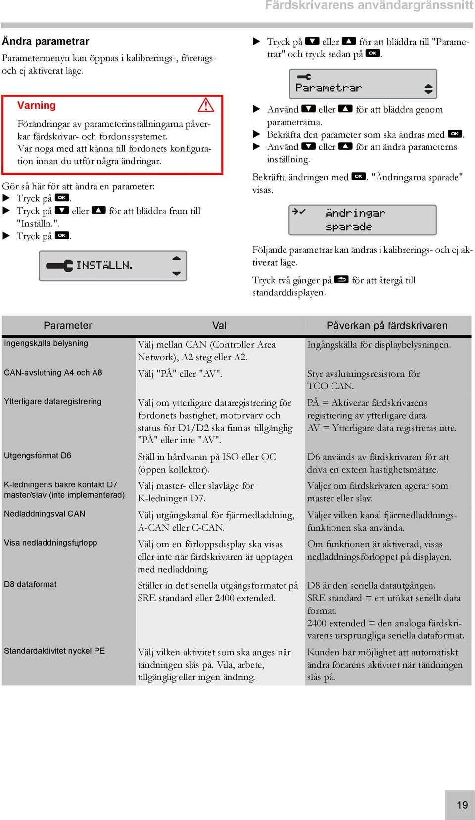 Var noga med att känna till fordonets konfiguration innan du utför några ändringar. INSTÄLLN. Tryck på r eller t för att bläddra till "Parametrar" och tryck sedan på y.