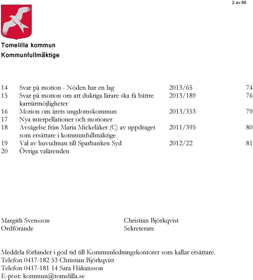 som ersättare i kommunfullmäktige 19 Val av huvudman till Sparbanken Syd 2012/22 81 20 Övriga valärenden Margith Svensson Ordförande Christian Björkqvist Sekreterare