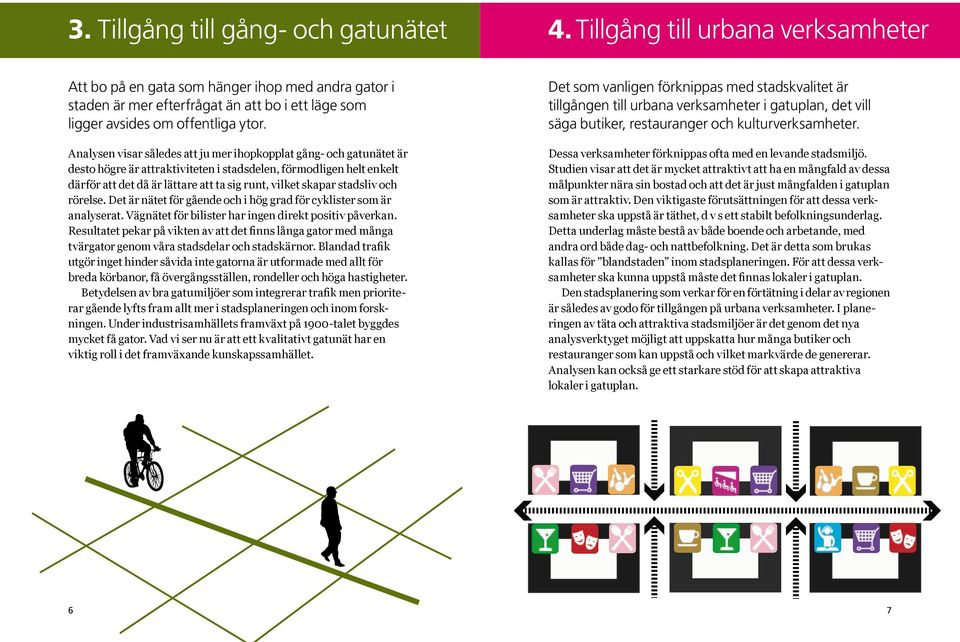 Analysen visar således att ju mer ihopkopplat gång- och gatunätet är desto högre är attraktiviteten i stadsdelen, förmodligen helt enkelt därför att det då är lättare att ta sig runt, vilket skapar