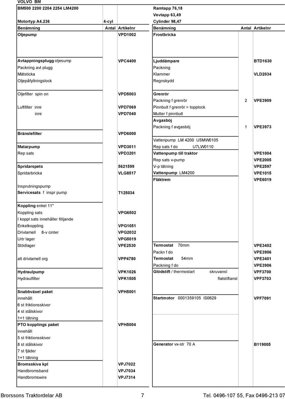 Oljefilter spin on VPD5003 Grenrör Packning f grenrör 2 VPE3909 Luftfilter inre VPD7069 Pinnbult f grenrör > topplock inre VPD7040 Mutter f pinnbult Avgasböj Packning f avgasböj 1 VPE3973