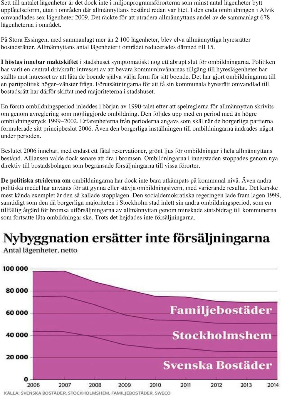 På Stora Essingen, med sammanlagt mer än 2 100 lägenheter, blev elva allmännyttiga hyresrätter bostadsrätter. Allmännyttans antal lägenheter i området reducerades därmed till 15.