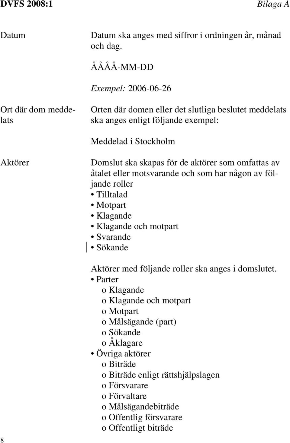 ska skapas för de aktörer som omfattas av åtalet eller motsvarande och som har någon av följande roller Tilltalad Motpart Klagande Klagande och motpart Svarande Sökande Aktörer med