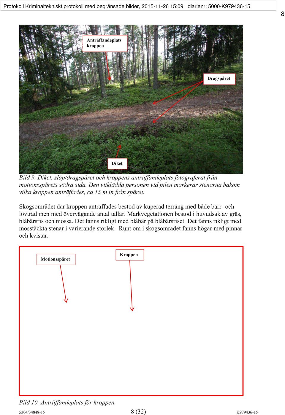 Skogsområdet där kroppen anträffades bestod av kuperad terräng med både barr- och lövträd men med övervägande antal tallar.