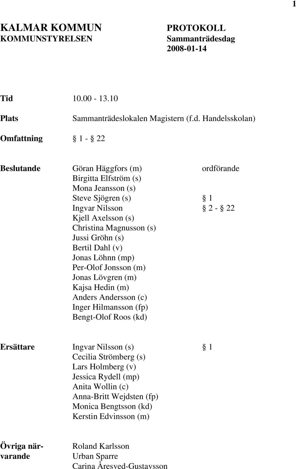 Steve Sjögren (s) 1 Ingvar Nilsson 2-22 Kjell Axelsson (s) Christina Magnusson (s) Jussi Gröhn (s) Bertil Dahl (v) Jonas Löhnn (mp) Per-Olof Jonsson (m) Jonas Lövgren (m) Kajsa Hedin