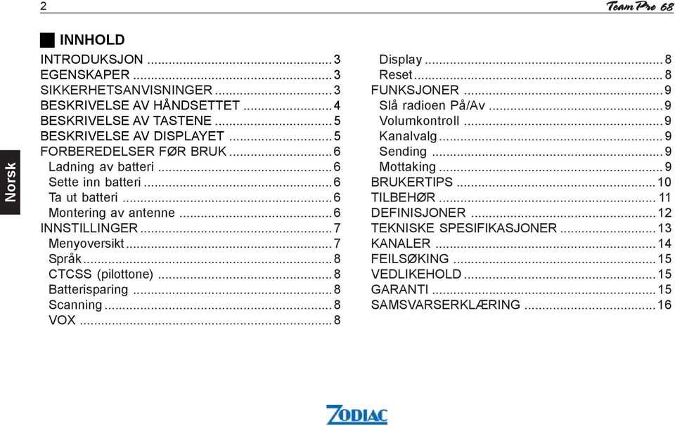 ..7 Menyoversikt... 7 Språk... 8 CTCSS (pilottone)...8 Batterisparing...8 Scanning... 8 VOX...8 Display...8 Reset... 8 FUNKSJONER...9 Slå radioen På/Av...9 Volumkontroll.