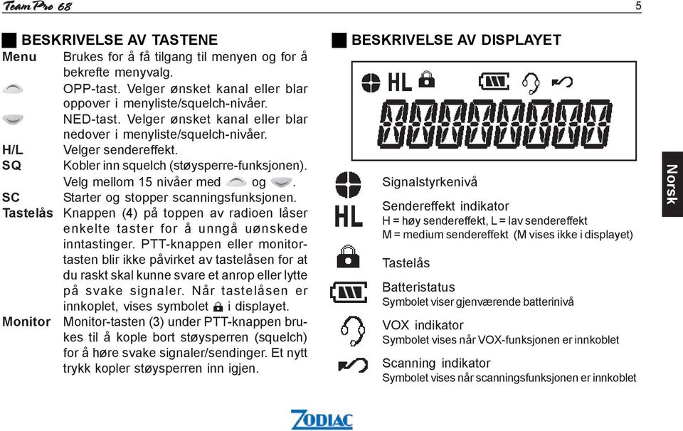 SC Starter og stopper scanningsfunksjonen. Tastelås Knappen (4) på toppen av radioen låser enkelte taster for å unngå uønskede inntastinger.