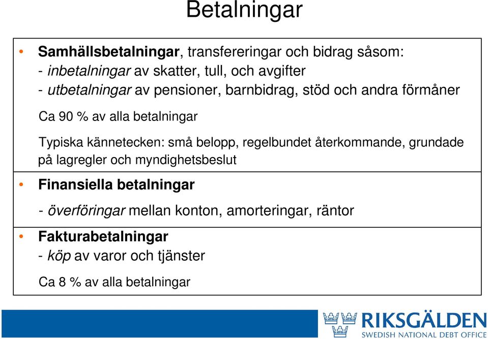 små belopp, regelbundet återkommande, grundade på lagregler och myndighetsbeslut Finansiella betalningar -