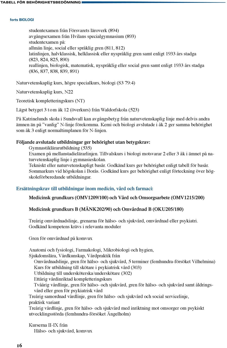 1933 års stadga (836, 837, 838, 839, 891) Naturvetenskaplig kurs, högre specialkurs, biologi (S3 79:4) Naturvetenskaplig kurs, N22 Teoretisk kompletteringskurs (NT) Lägst betyget 3 t o m åk 12